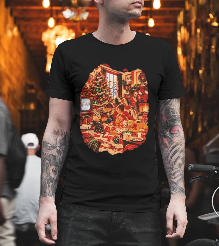 Cozy Christmas Morning Family Scene By The Fireplace With Tree And Stockings T-Shirt