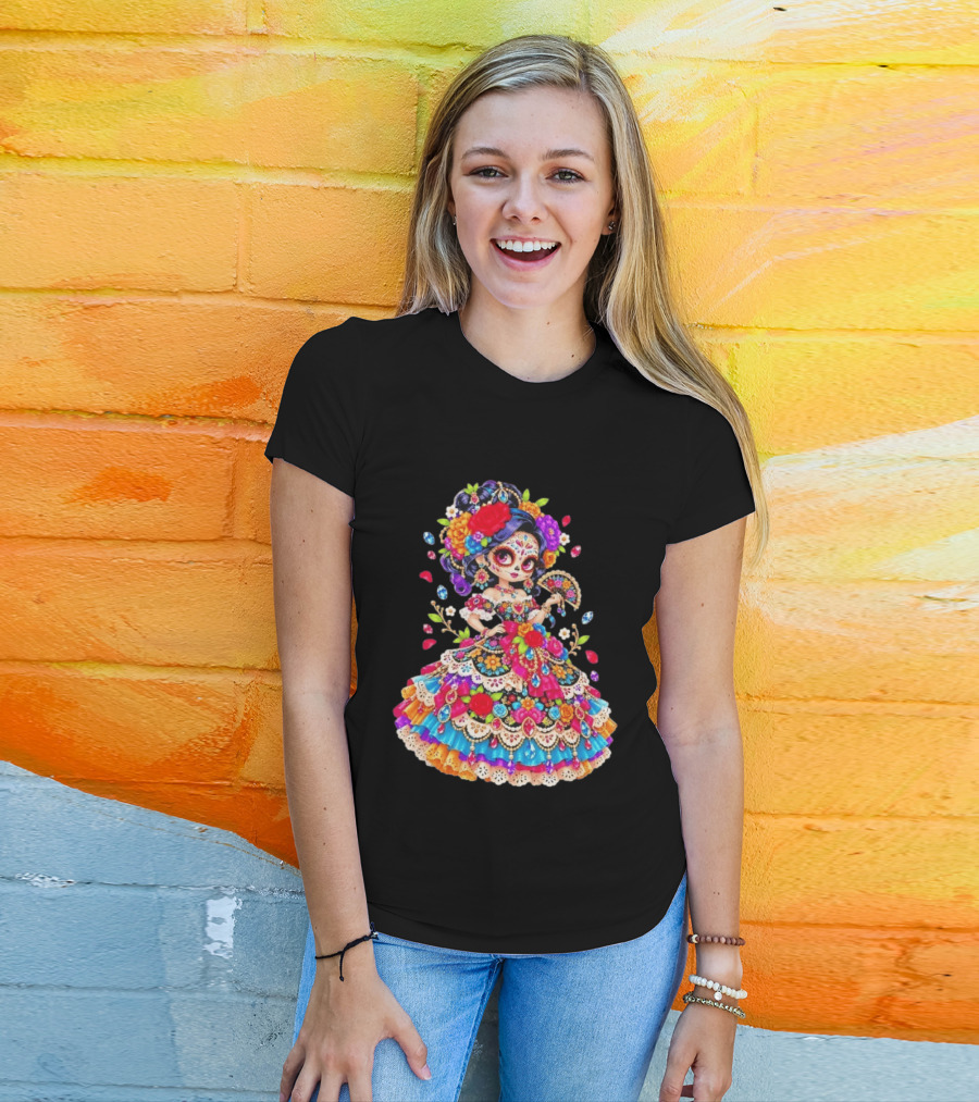 Day Of The Dead Catrina Girl Floral Dress Colorful Sugar Skull T-Shirt