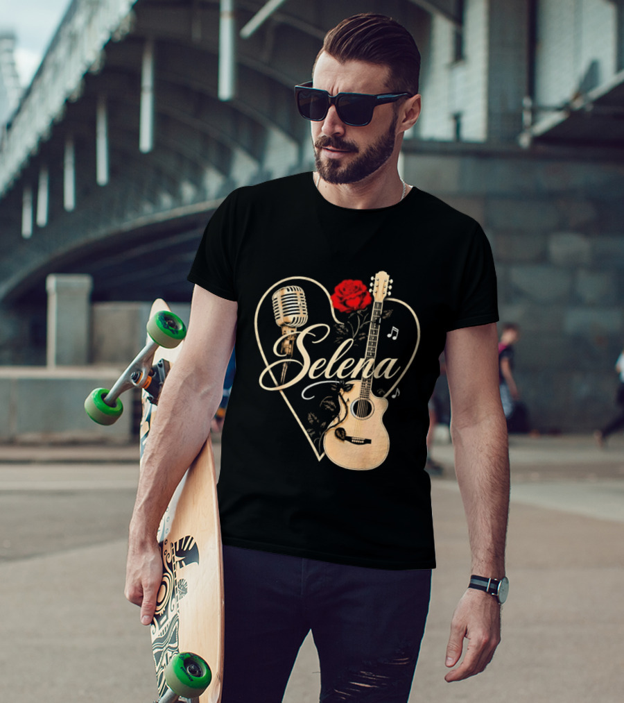 Selena Heart With Rose Microphone Guitar Music Notes T-Shirt