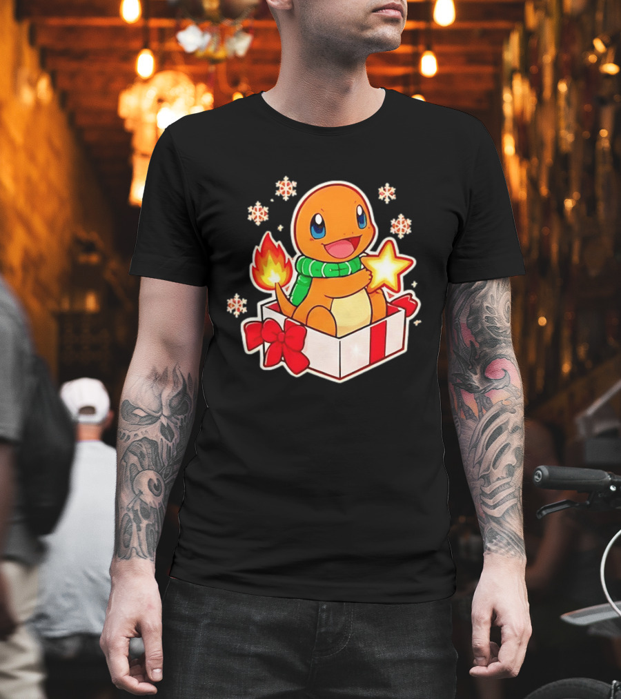 Charmander Holding Star In Christmas Gift Box With Snowflakes And Green Scarf T-Shirt