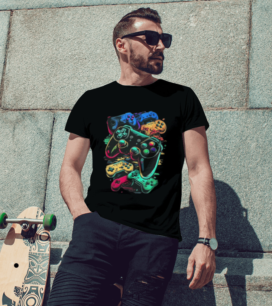 Colorful Retro Video Game Controllers Gaming Geek Collection T-Shirt