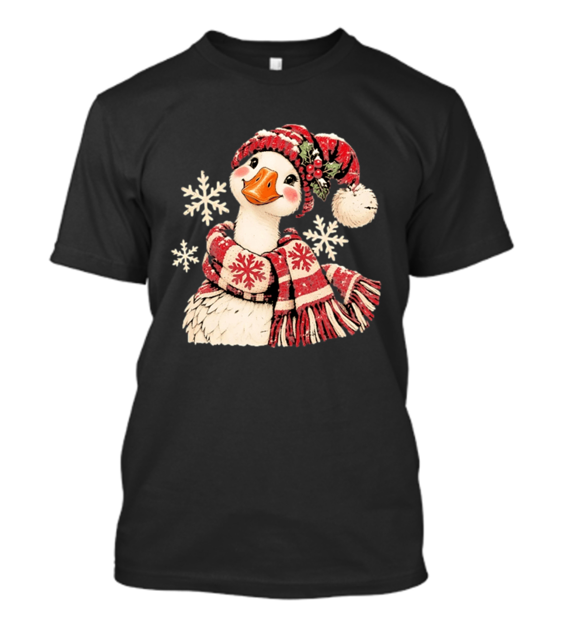 Goose With Red Scarf And Hat In Snowflake Winter Scene T-Shirt