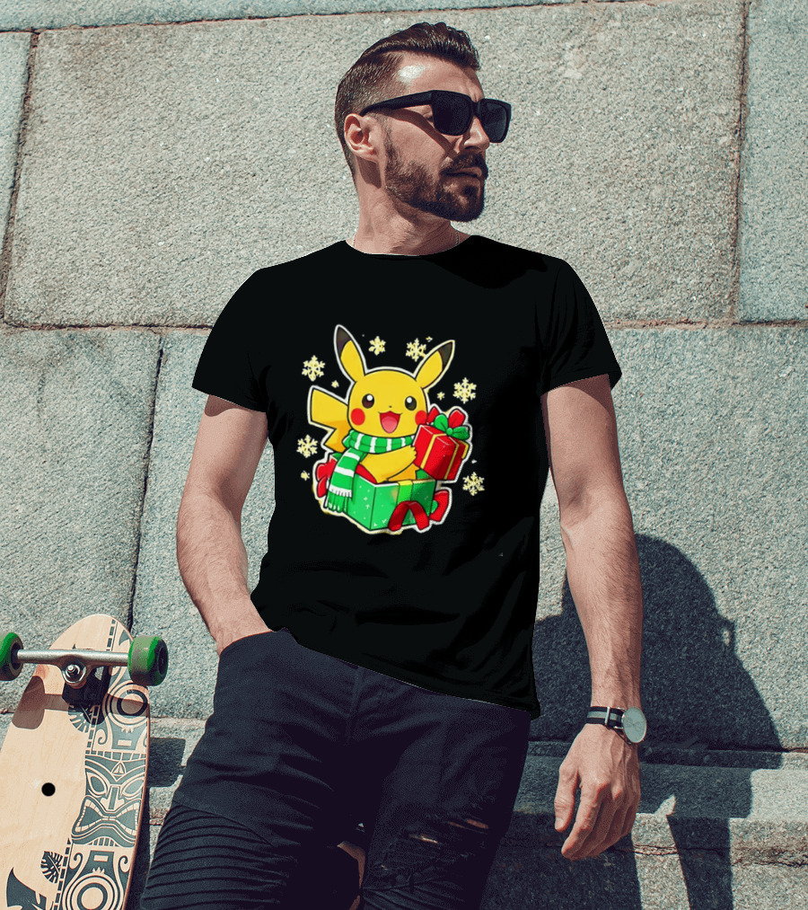 Pikachu Christmas Scarf With Gift Box Pokemon Holiday T-Shirt