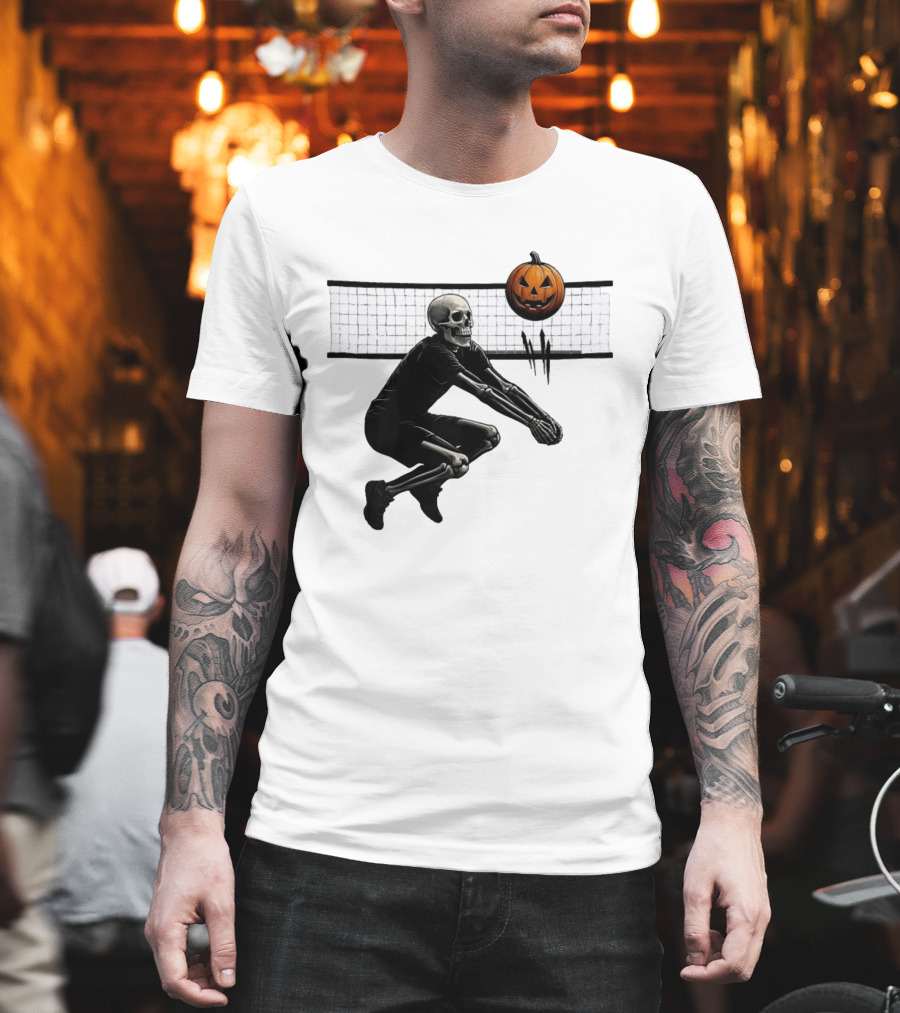 Bump Or Treat Halloween Volleyball Skeleton Pumpkin Spike T-Shirt