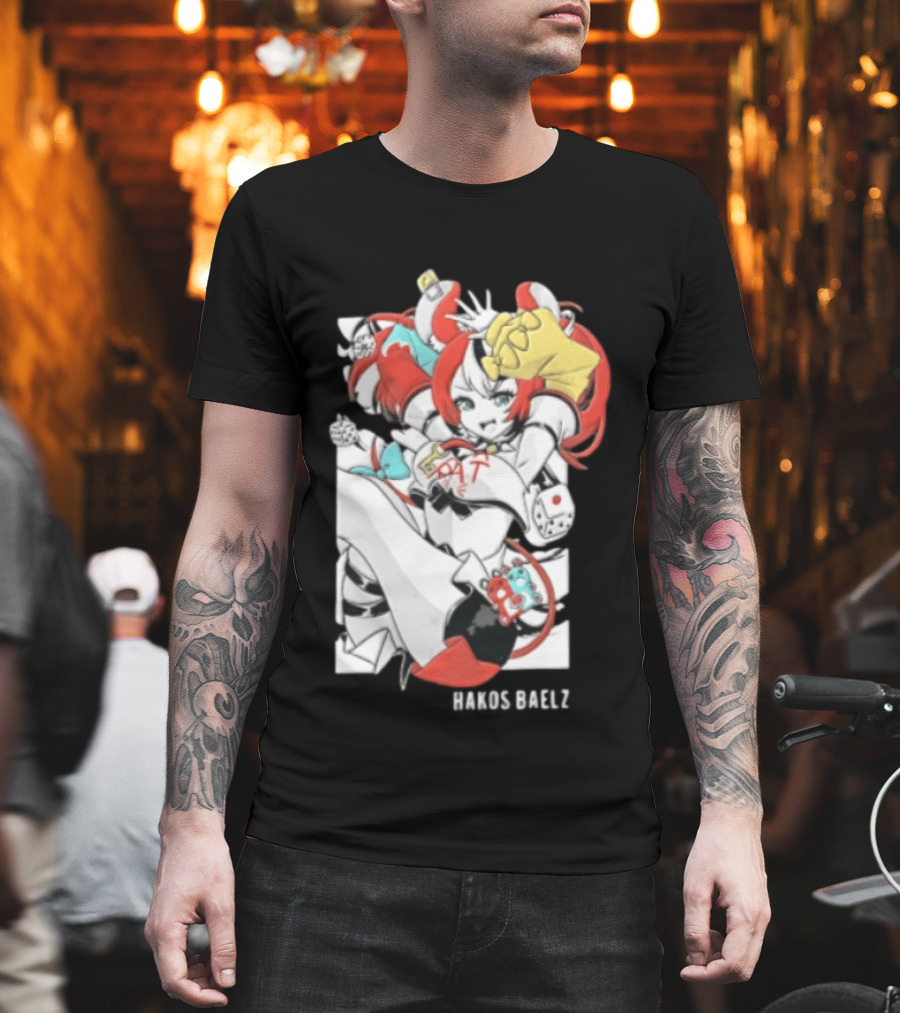 Hololive Hakos Baelz Anime Girl Red Hair Dice Playful Jumping T-Shirt