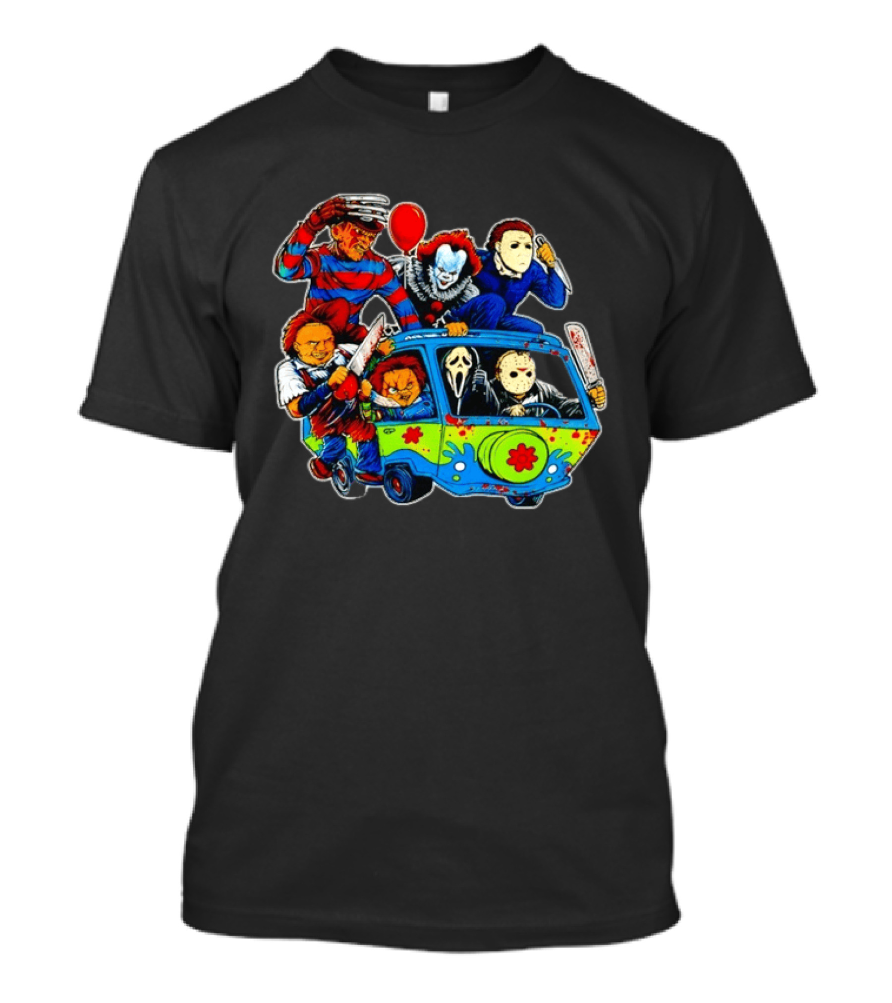 Horror Movie Icons Ride In Mystery Machine Van With Murderous Villains T-Shirt