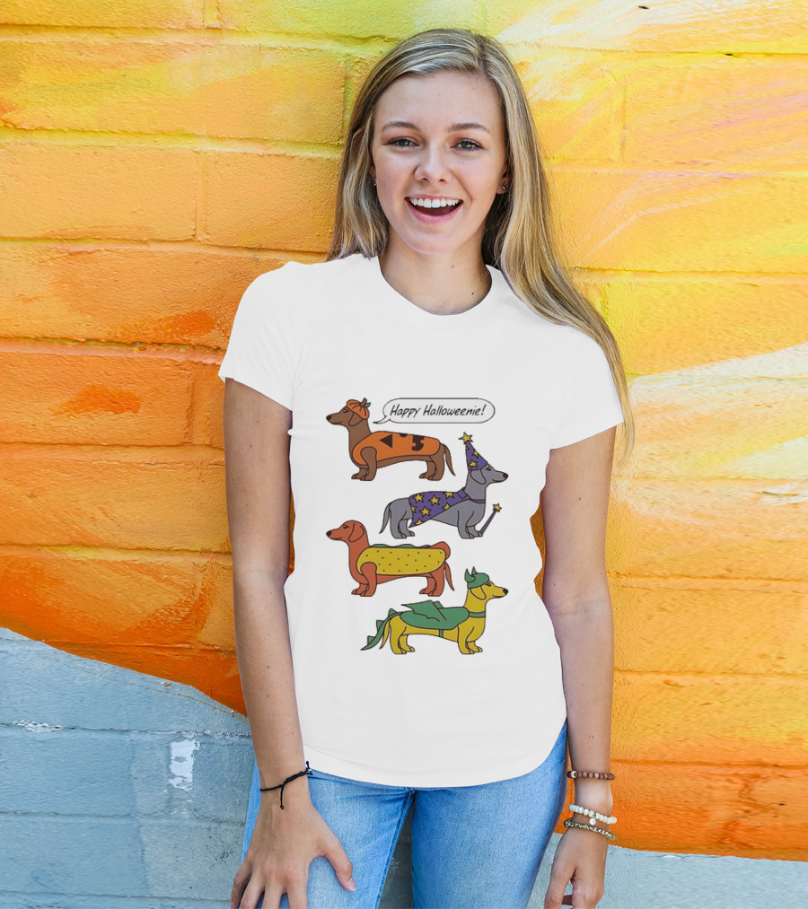 Happy Halloweenie Dachshund Dogs Costumes Pumpkin Wizard Hot Dog Dragon T-Shirt