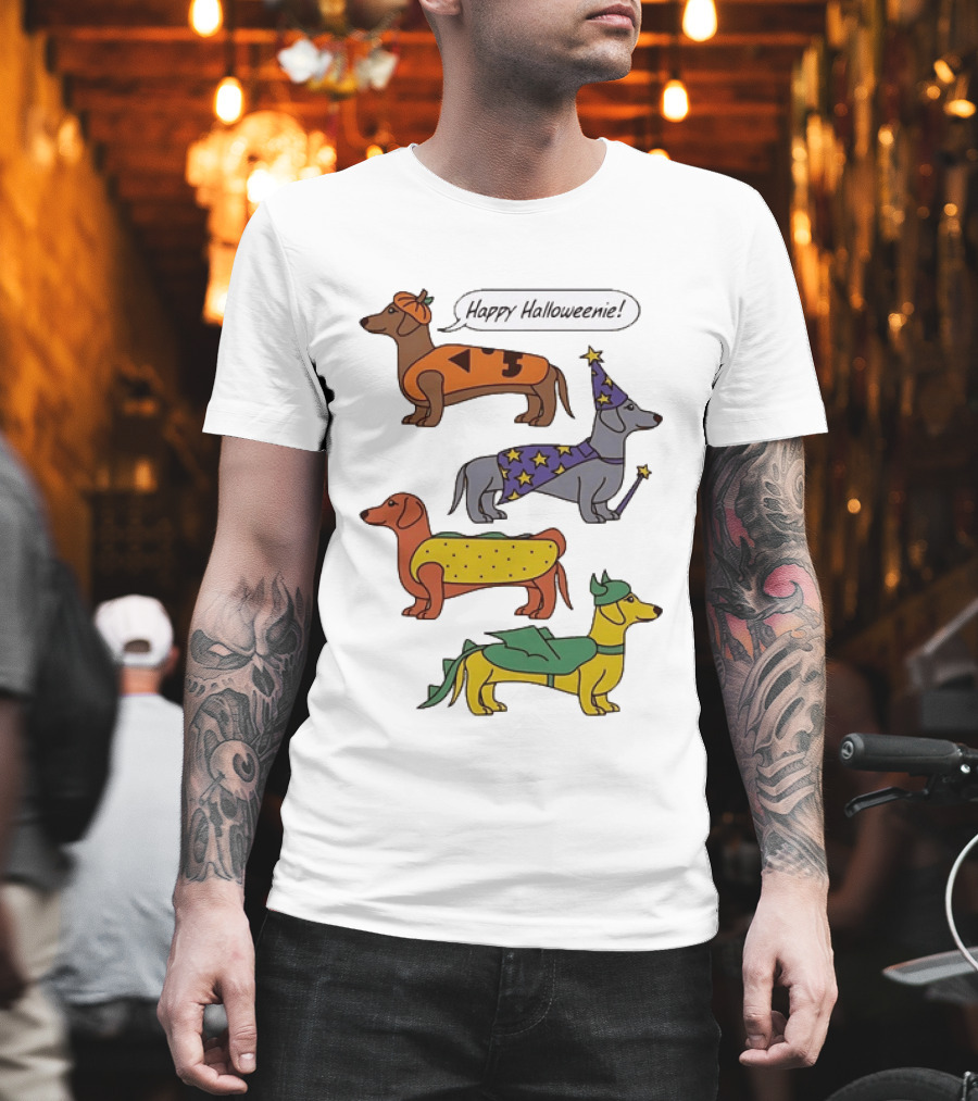 Happy Halloweenie Dachshund Dogs Costumes Pumpkin Wizard Hot Dog Dragon T-Shirt