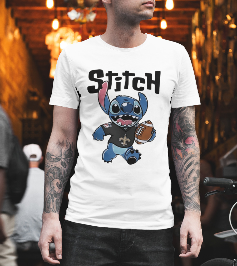 Stitch Carrying Football New Orleans Saints Disney T-Shirt