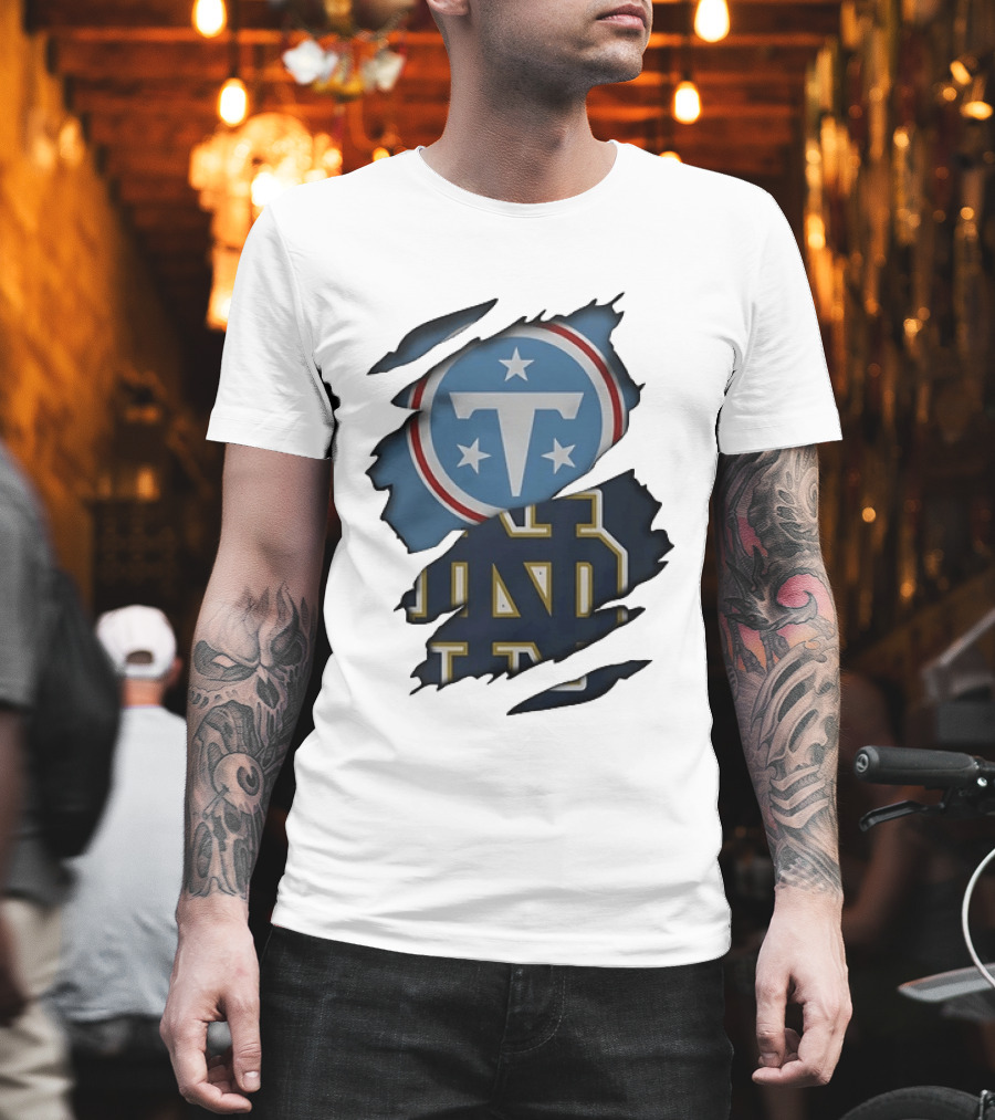 Tennessee Titans Notre Dame Fighting Irish Ripped NCAA Football Collaboration T-Shirt