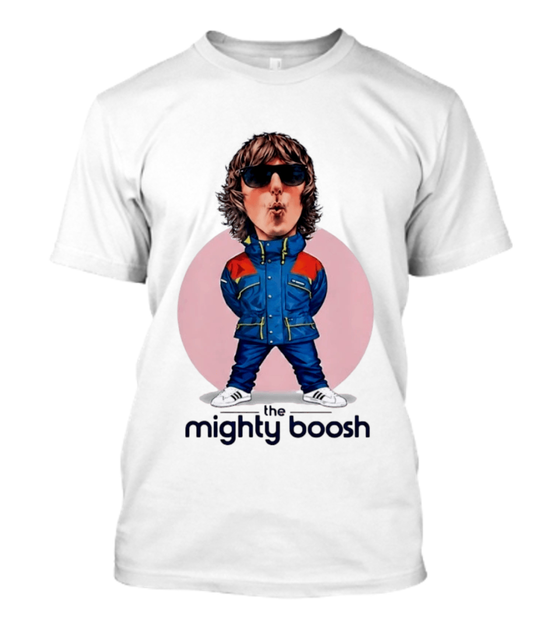 The Mighty Boosh Noel Fielding Caricature In Sunglasses And Blue Jacket T-Shirt