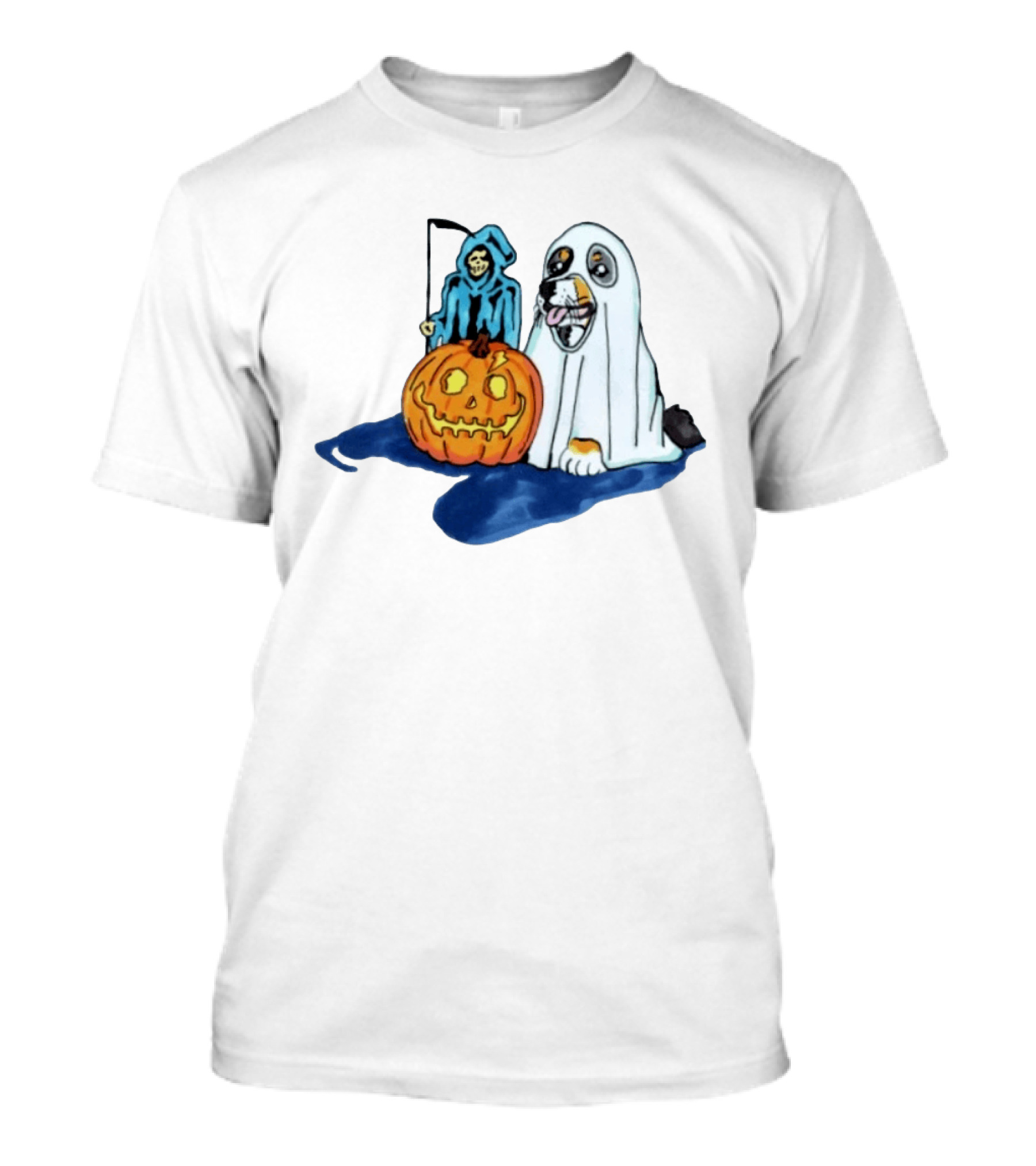 Trick Or Treat Dog Ghost Costume With Grim Reaper And Pumpkin T-Shirt