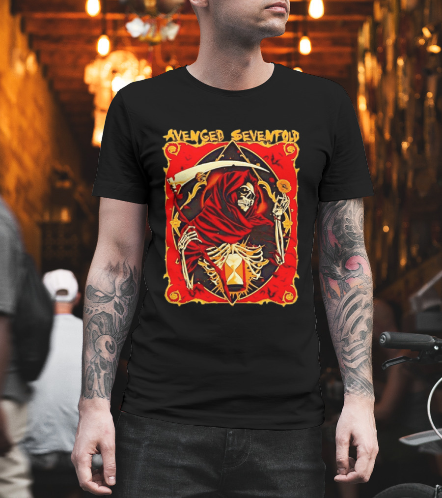 Avenged Sevenfold Grim Reaper Scythe Skeleton Hourglass Cloaked Skeleton T-Shirt