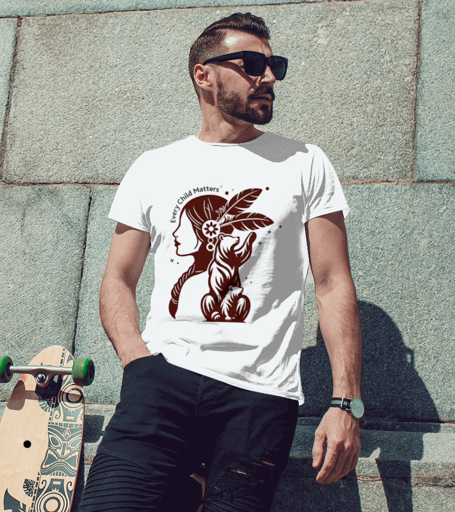 Every Child Matters Indigenous Woman Profile With Bear And Feathers T-Shirt
