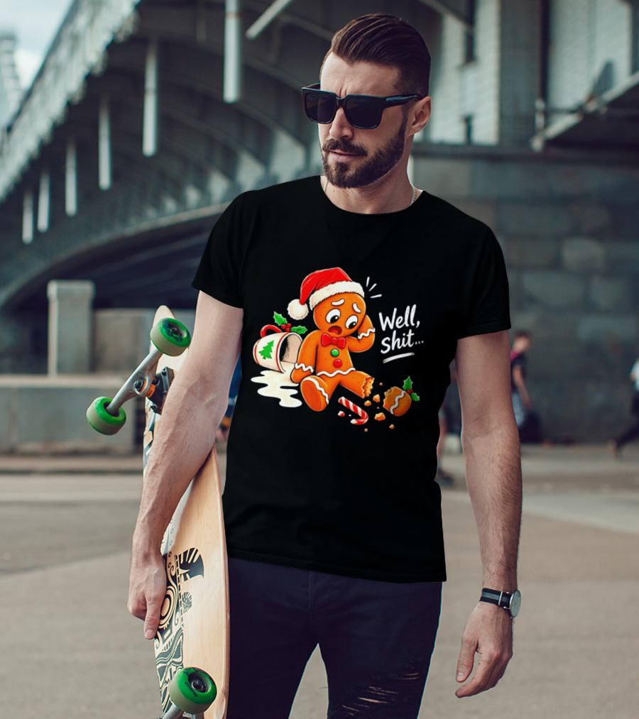 Well Shit Gingerbread Man Christmas Broken Cookie Candy Cane Hat T-Shirt