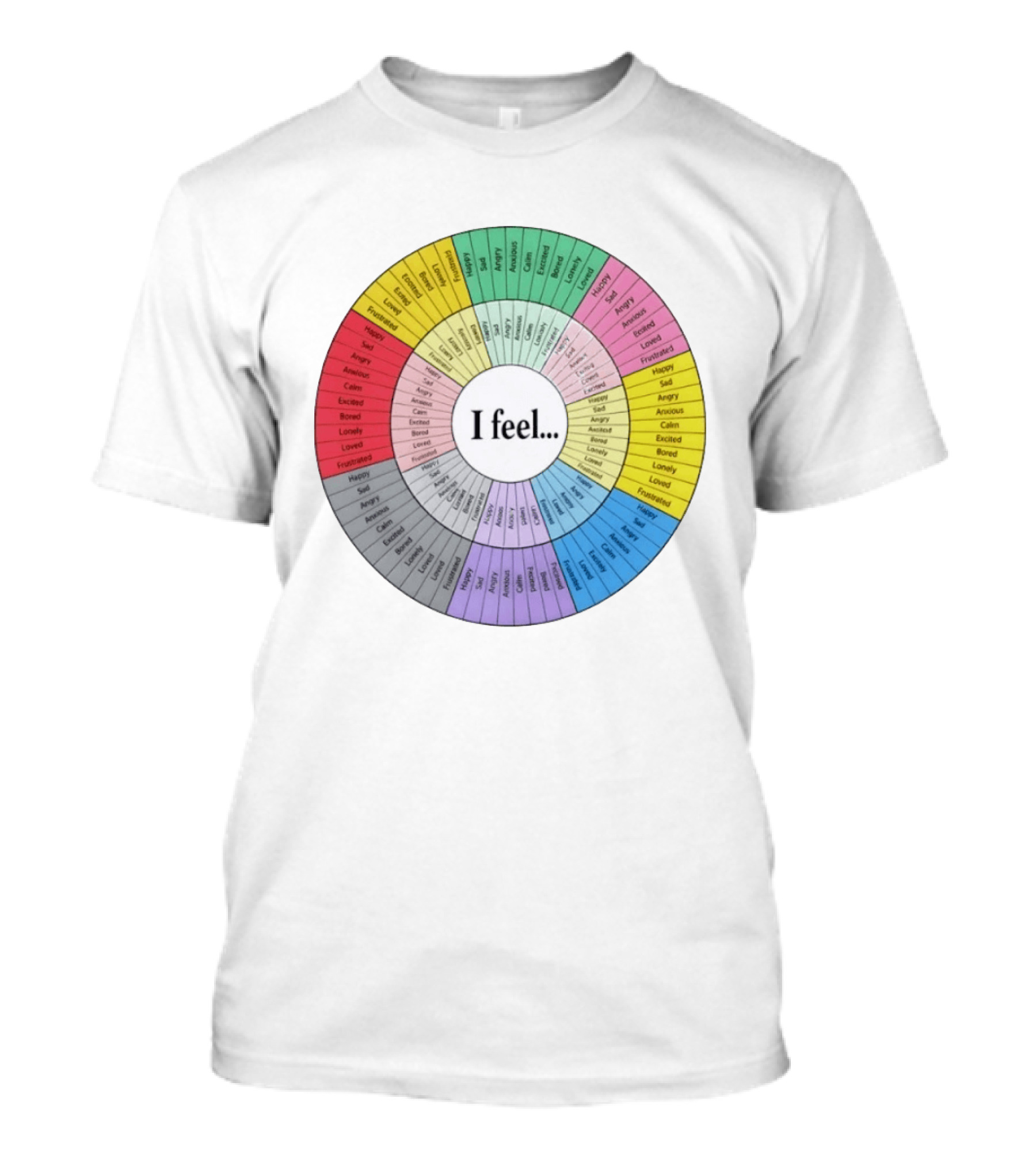 I Feel Emotion Wheel Chart Mental Health Happy Sad Angry Calm Anxious Excited Bored Loved Lonely Frustrated T-Shirt
