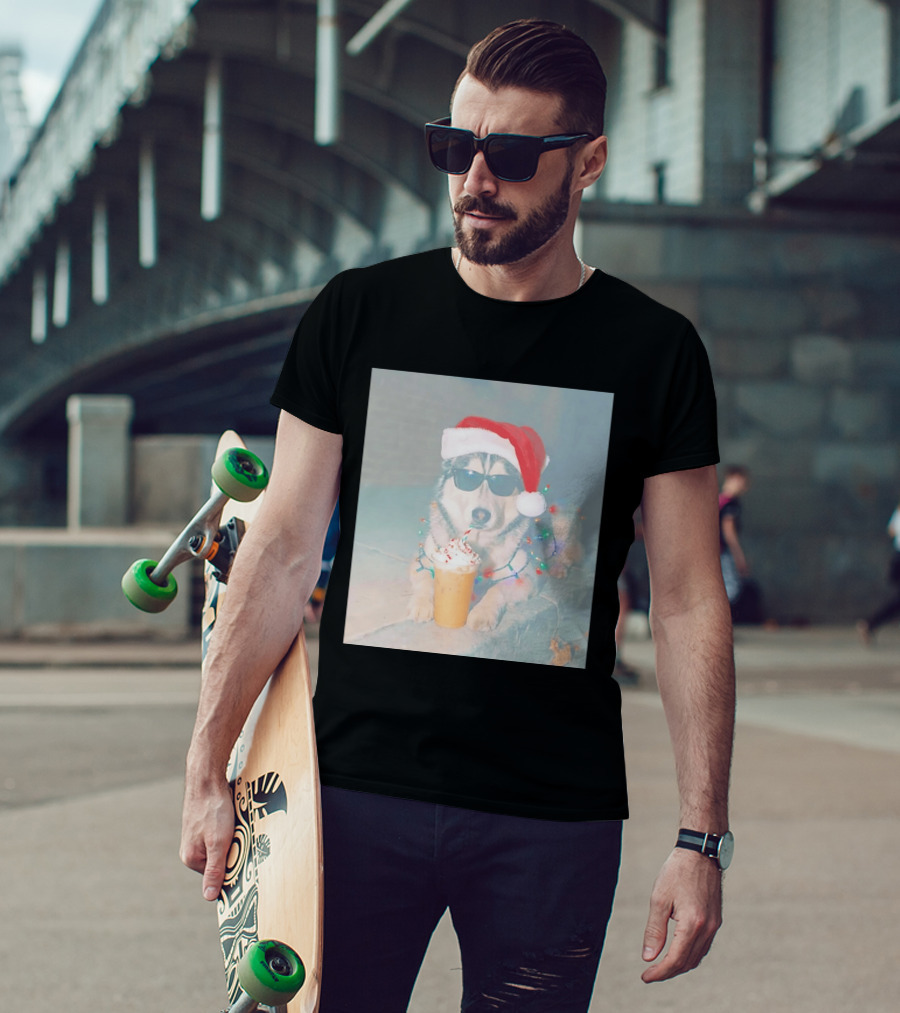 Husky Dog Santa Hat Sunglasses Christmas Lights And Holiday Drink T-Shirt