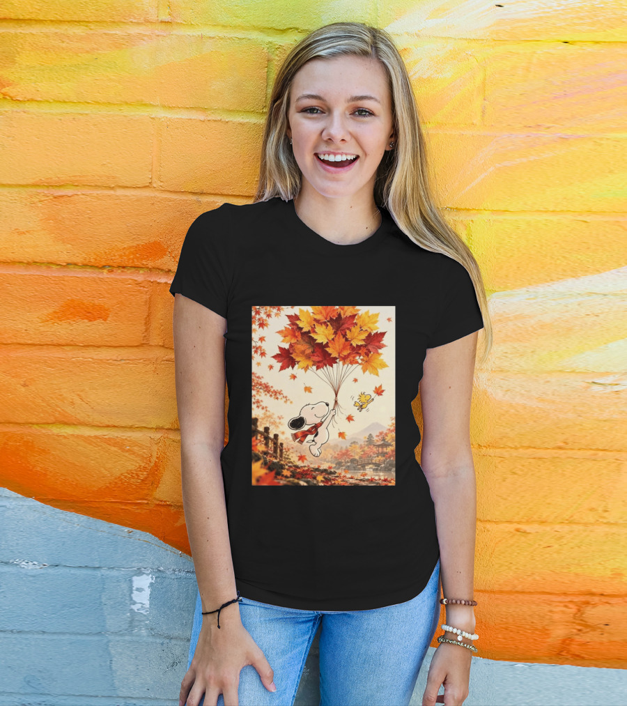 Snoopy And Woodstock Autumn Leaves Floating Scene With Tree And Bridge T-Shirt
