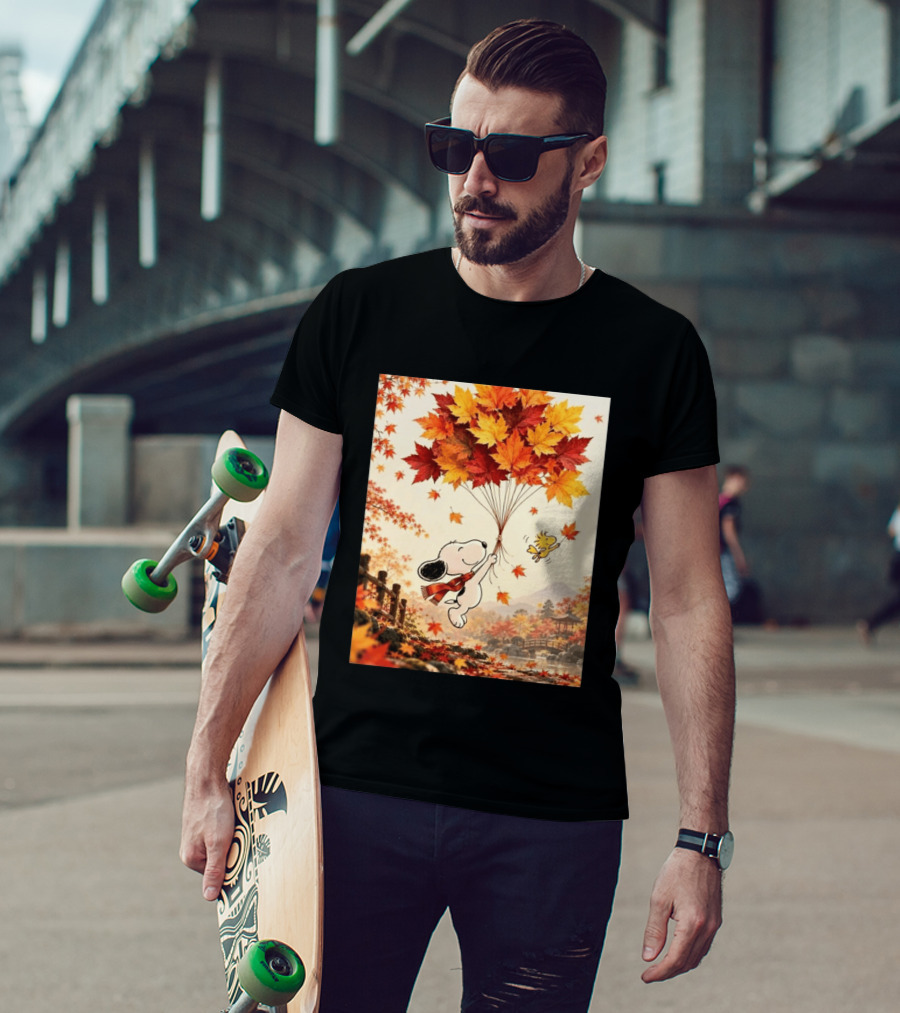 Snoopy And Woodstock Autumn Leaves Floating Scene With Tree And Bridge T-Shirt