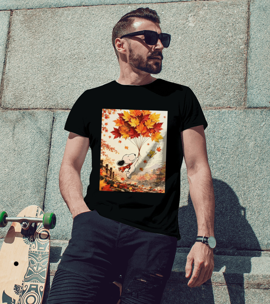 Snoopy And Woodstock Autumn Leaves Floating Scene With Tree And Bridge T-Shirt