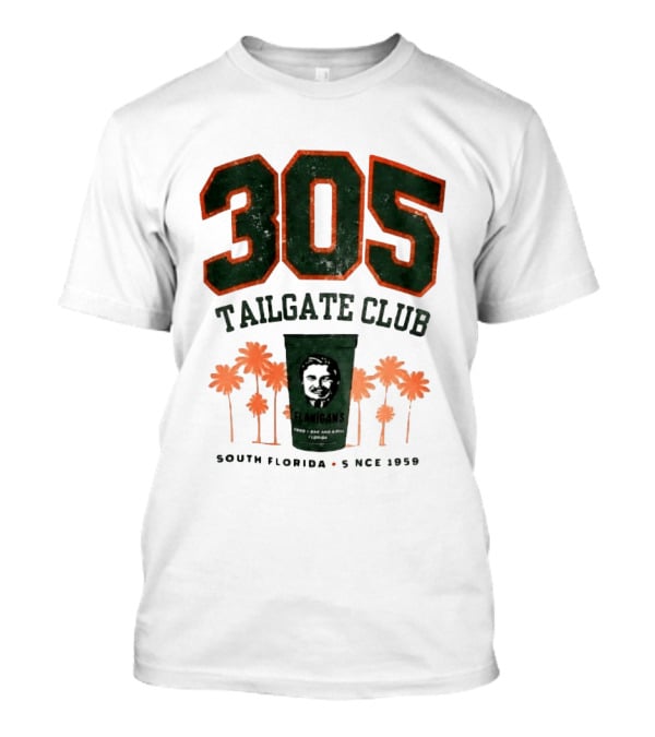 Flanigans 305 Tailgate Club South Florida Since 1959 Green Cup Palm Trees T-Shirt