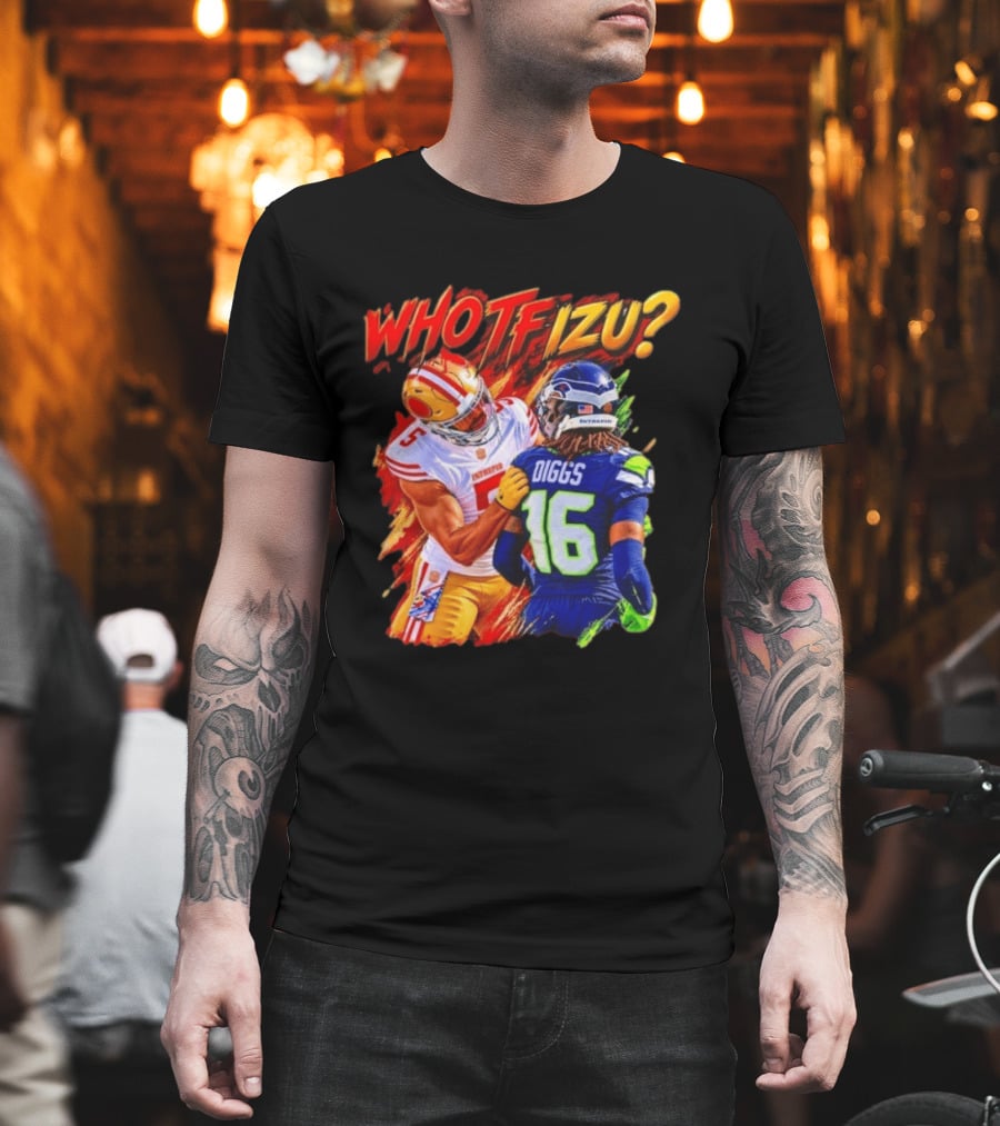 Who TF Izu Diggs 16 Intrepid Football Bootleg NFL Rivalry Red Blue 49ers Seahawks T-Shirt
