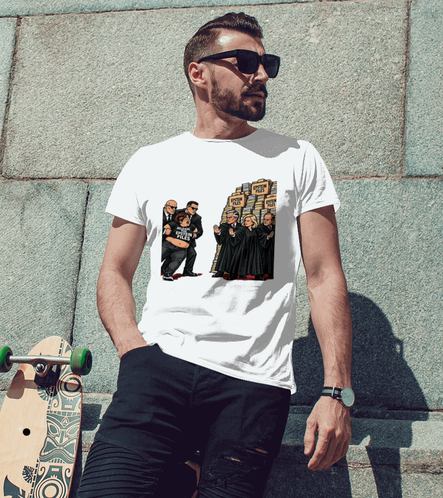Release The Epstein Files Political Cartoon With Epstein Files Stacks And Judges T-Shirt