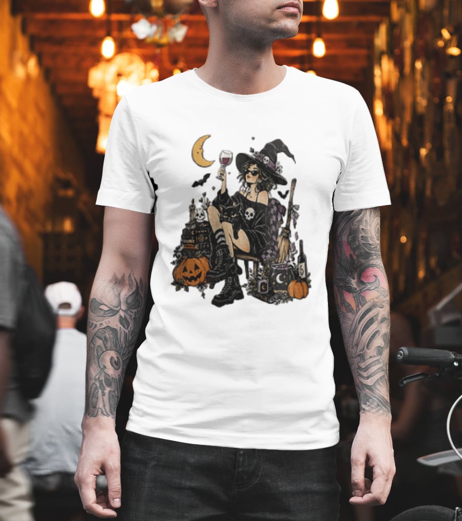 Halloween Witch Hat Sunglasses Wine Glass Black Cat Pumpkin Moon Skull Books T-Shirt