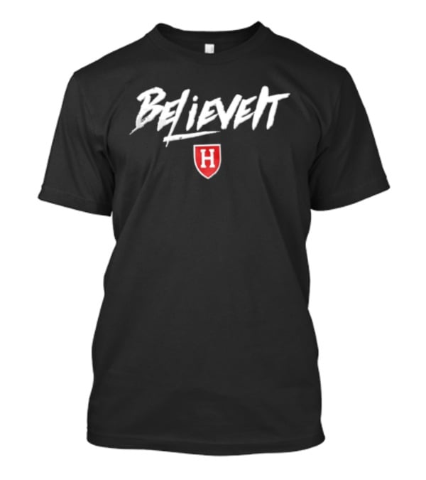 Believe It White Brush Script Lettering Shield H T-Shirt