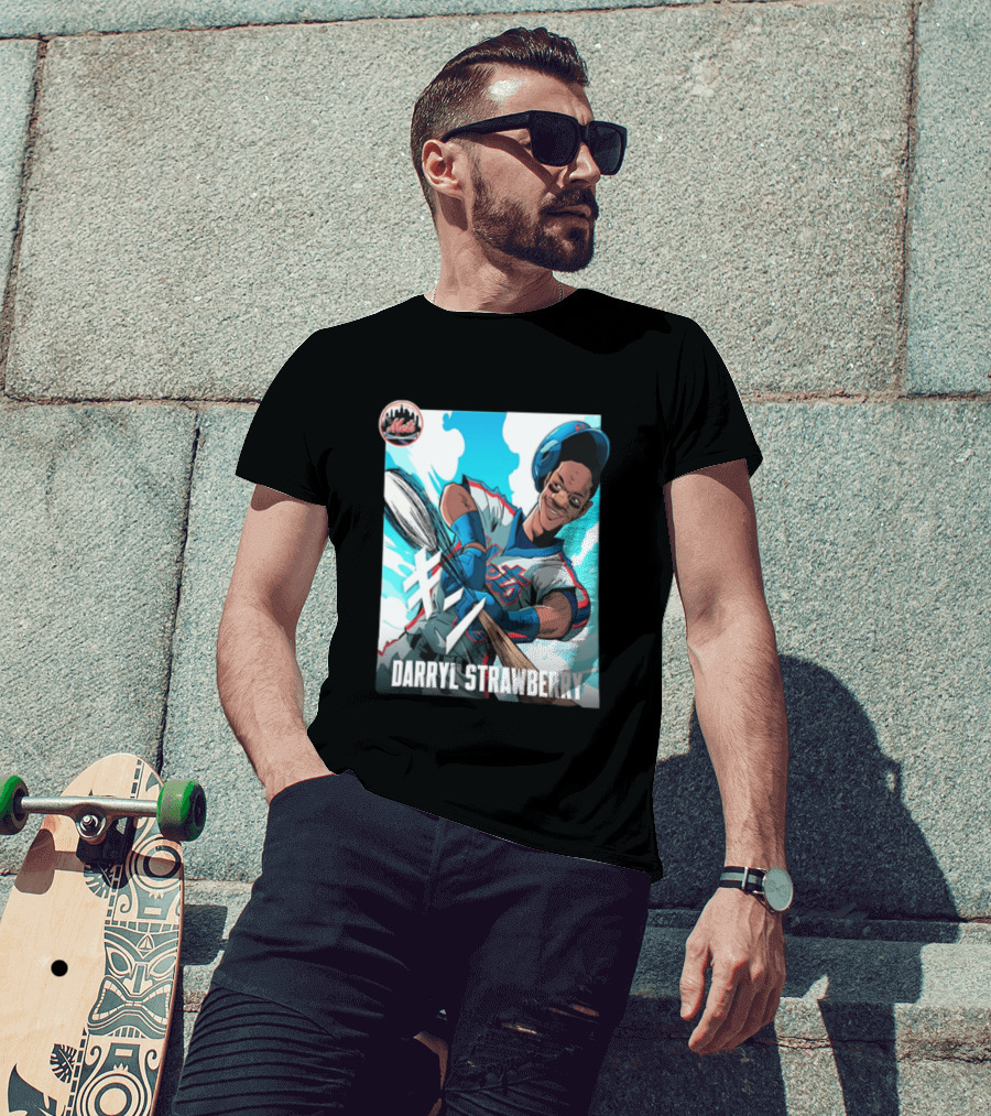 Darryl Strawberry New York Mets MLB Baseball Player Swinging Bat Cartoon T-Shirt