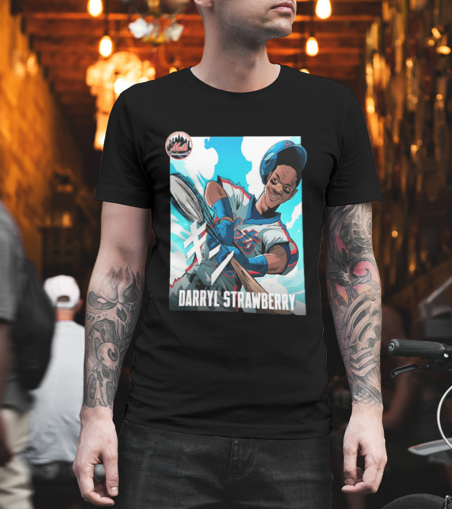 Darryl Strawberry New York Mets MLB Baseball Player Swinging Bat Cartoon T-Shirt