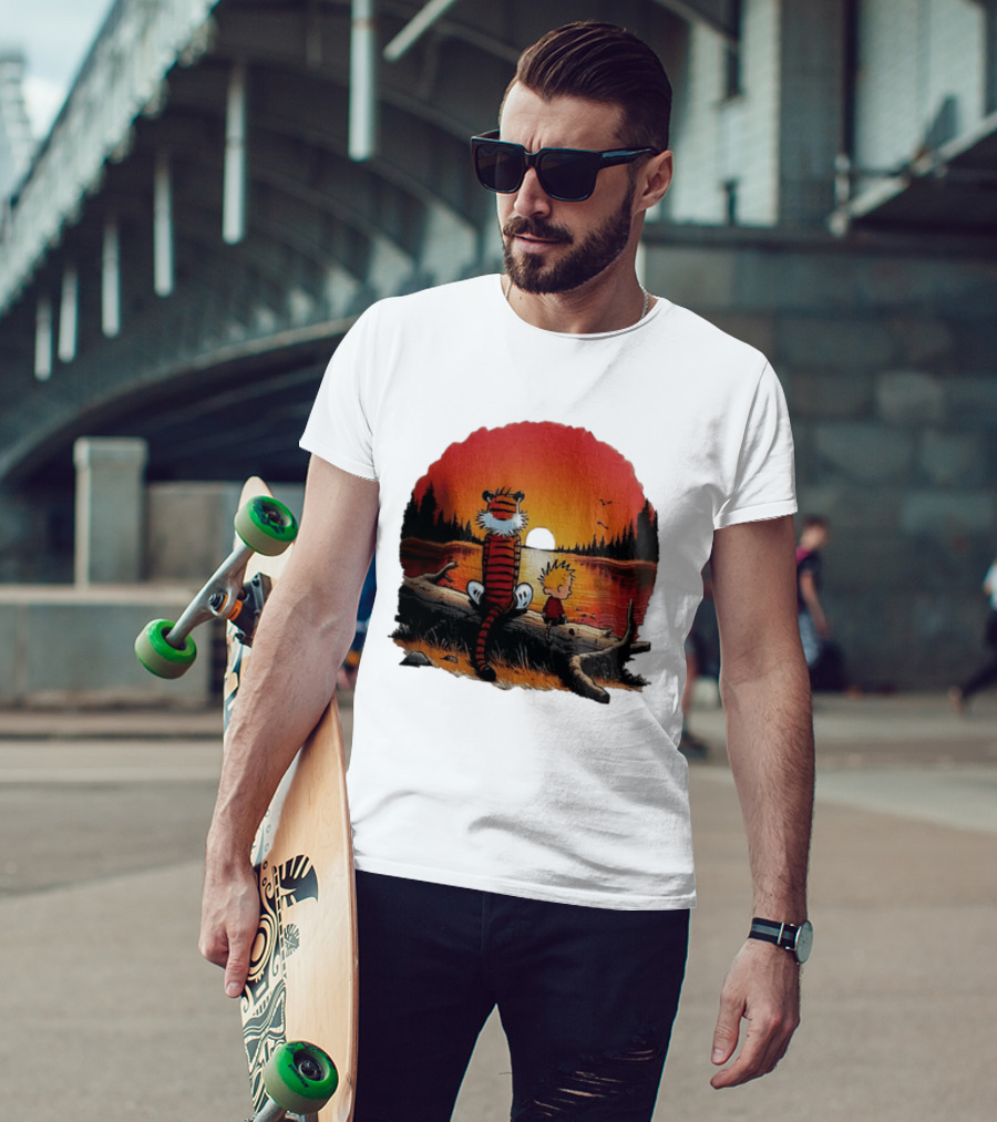 Calvin And Hobbes Log Sunset Lake Scene T-Shirt