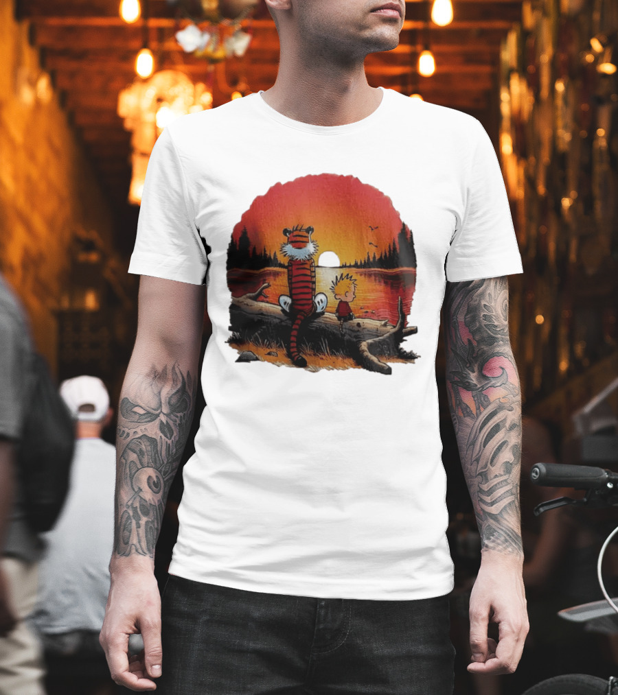 Calvin And Hobbes Log Sunset Lake Scene T-Shirt