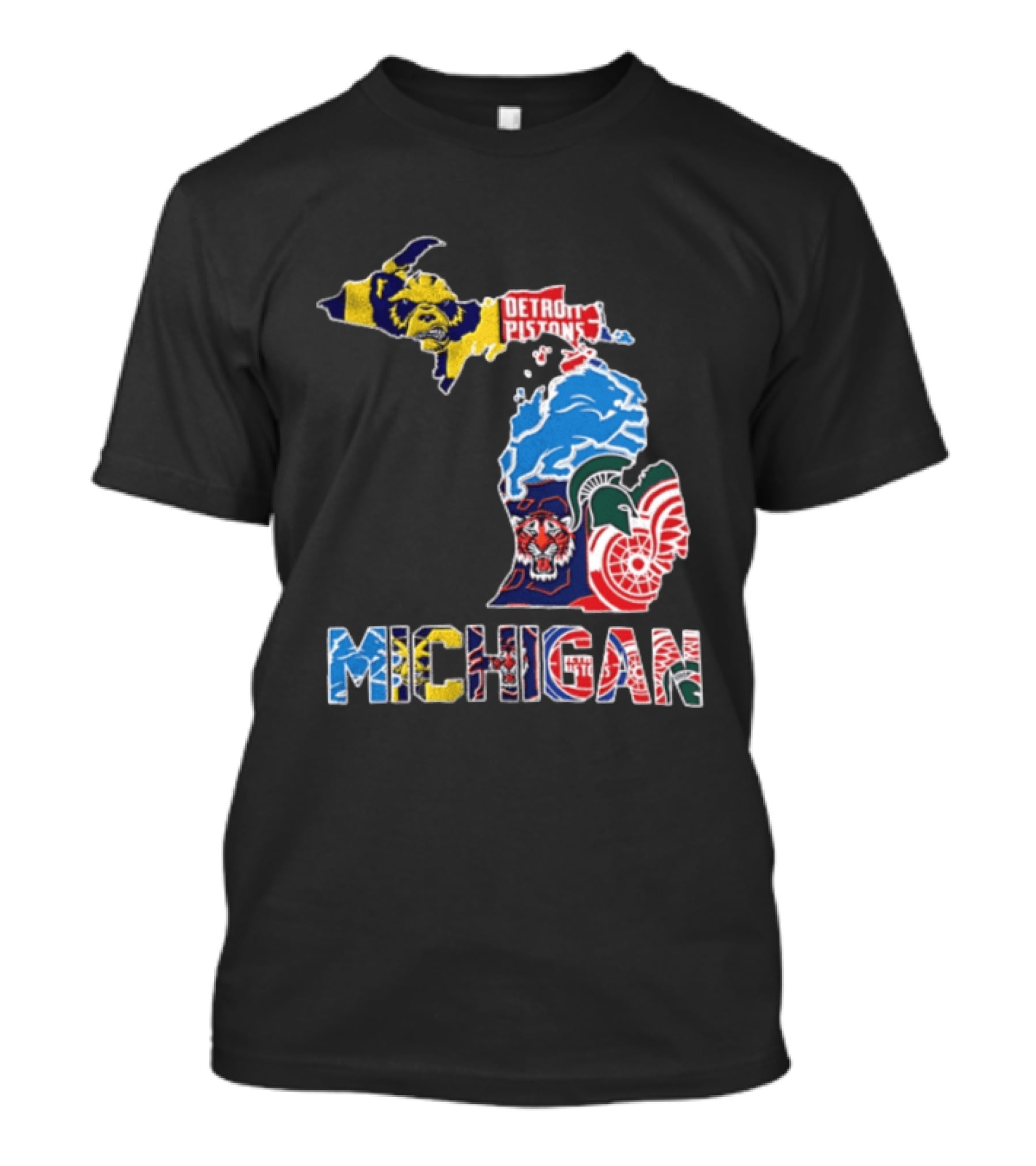 Detroit Pistons Lions Tigers Red Wings Michigan State Spartans Michigan Map T-Shirt