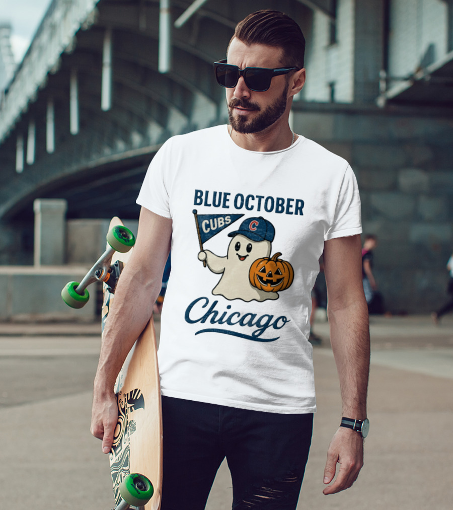 Chicago Cubs Blue October Halloween Ghost Pumpkin Baseball T-Shirt