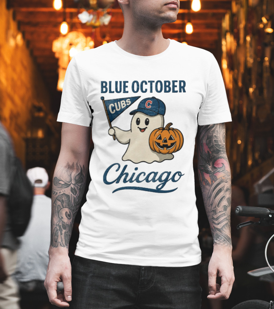Chicago Cubs Blue October Halloween Ghost Pumpkin Baseball T-Shirt