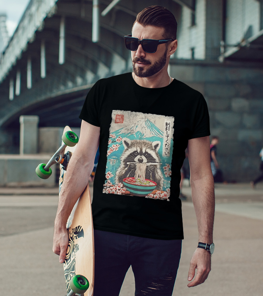 Raccoon Eating Ramen With Mount Fuji Japanese Cherry Blossoms T-Shirt