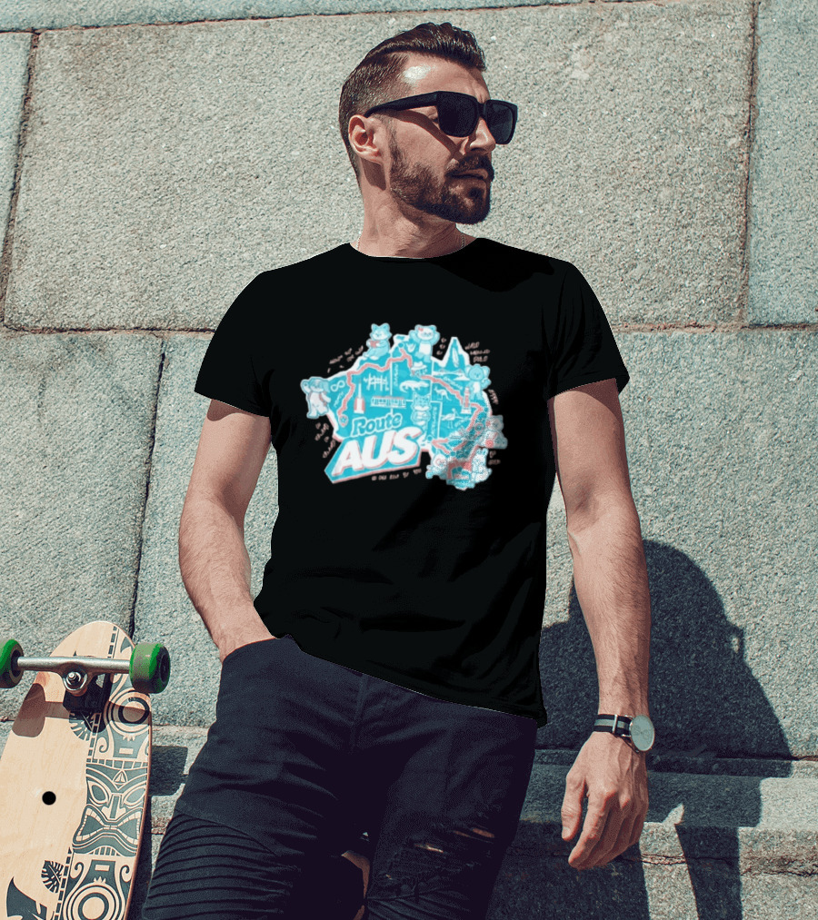 Route Aus Australia Map Animals Travel Icons Brisbane Sydney Melbourne Canberra T-Shirt