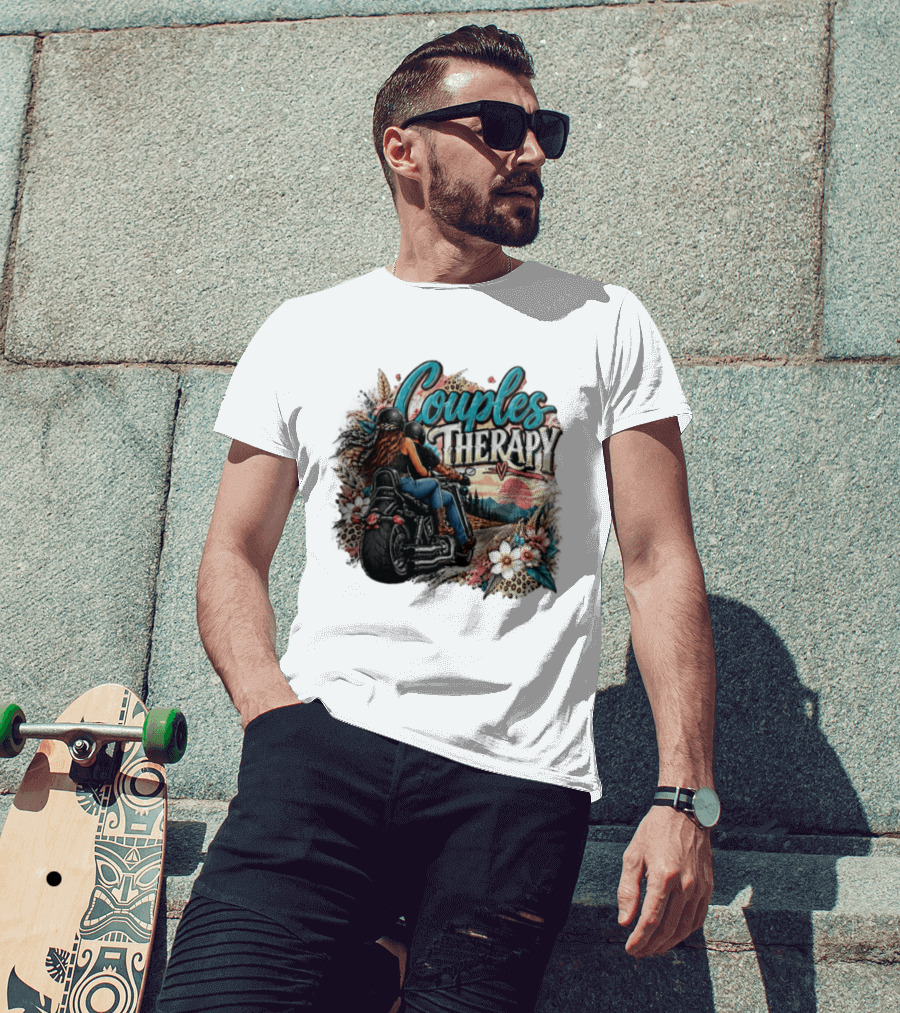 Couples Therapy Motorcycle Sunset Flowers Adventure T-Shirt