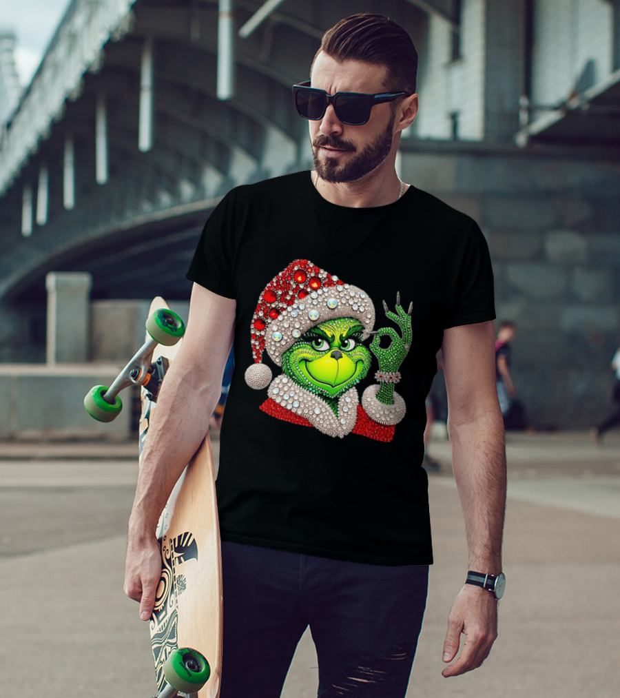 The Grinch Rhinestone Christmas Santa Hat Green Face With Jewels T-Shirt