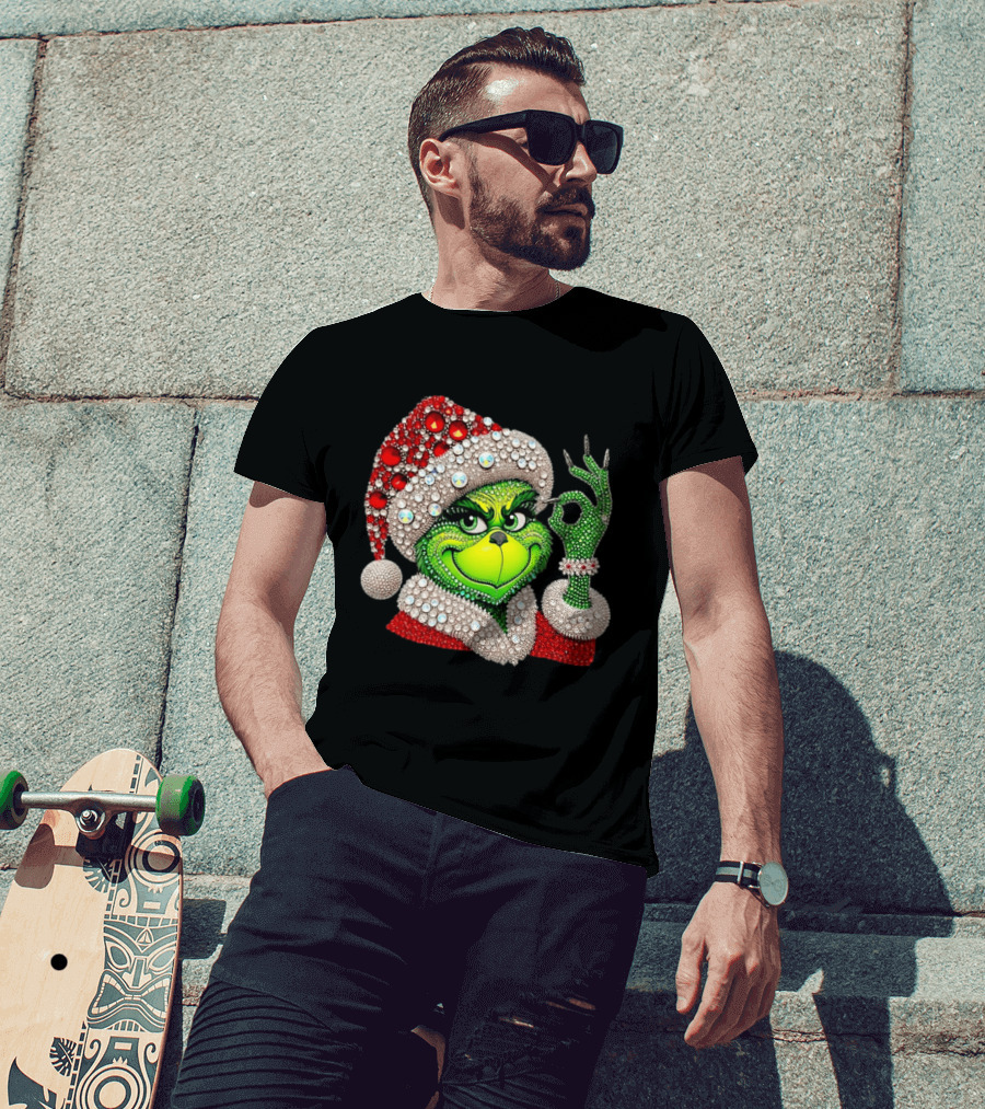 The Grinch Rhinestone Christmas Santa Hat Green Face With Jewels T-Shirt
