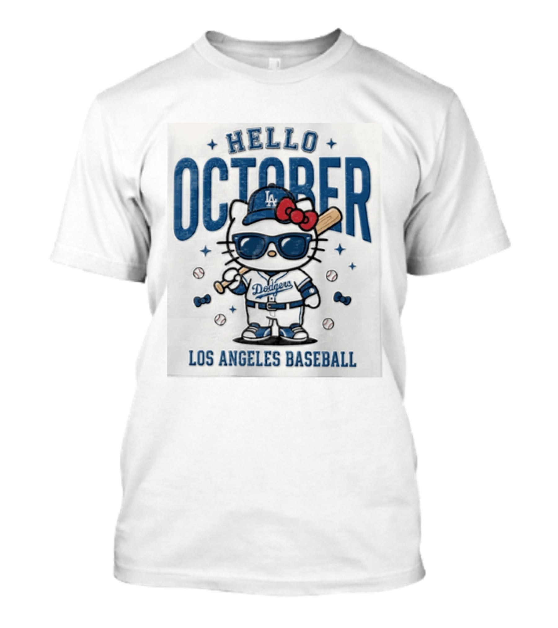 Hello October Los Angeles Dodgers Baseball Kitty Fans Holiday Celebration T-Shirt