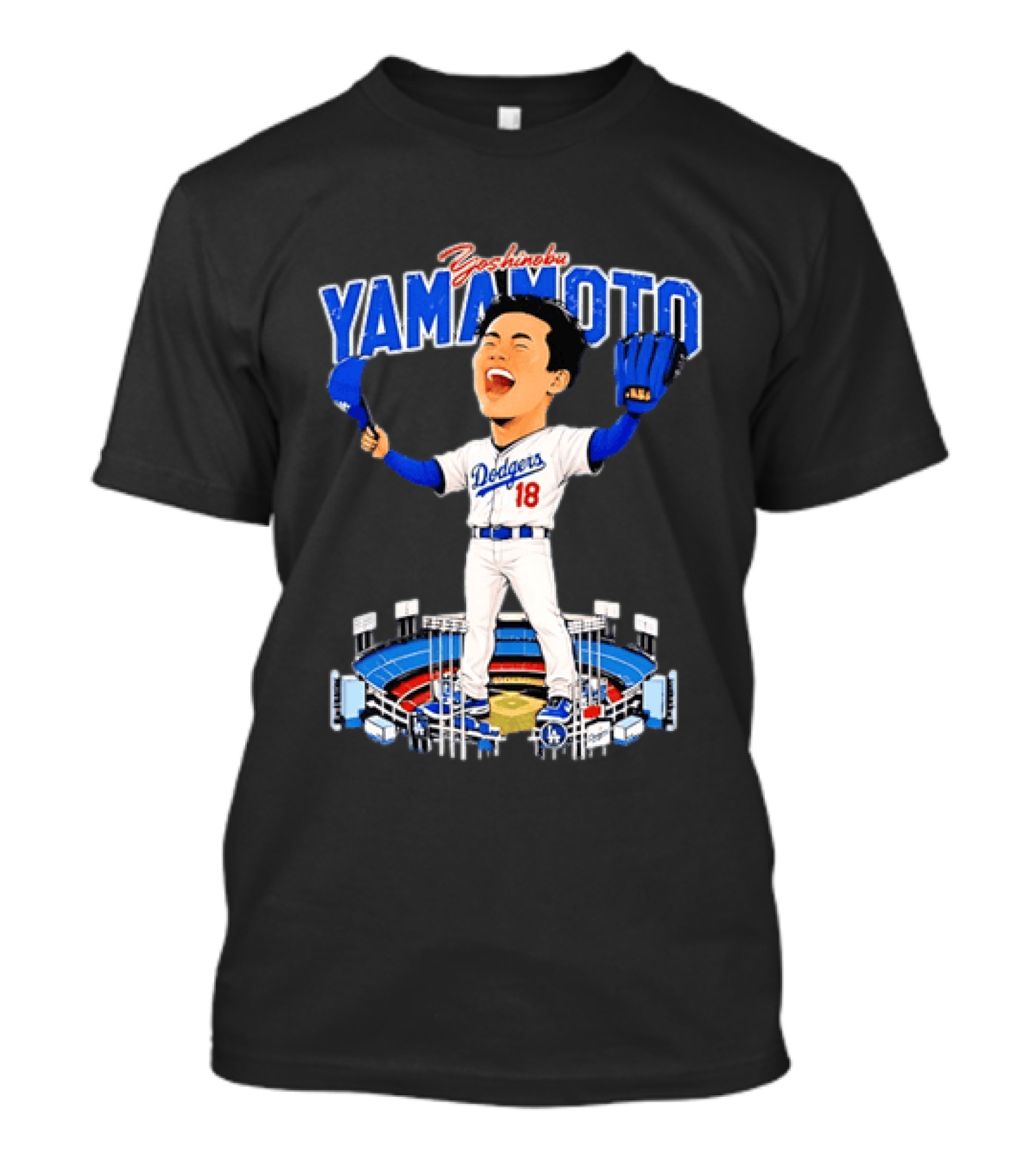 Yoshinobu Yamamoto Los Angeles Dodgers 18 Baseball Caricature Stadium T-Shirt