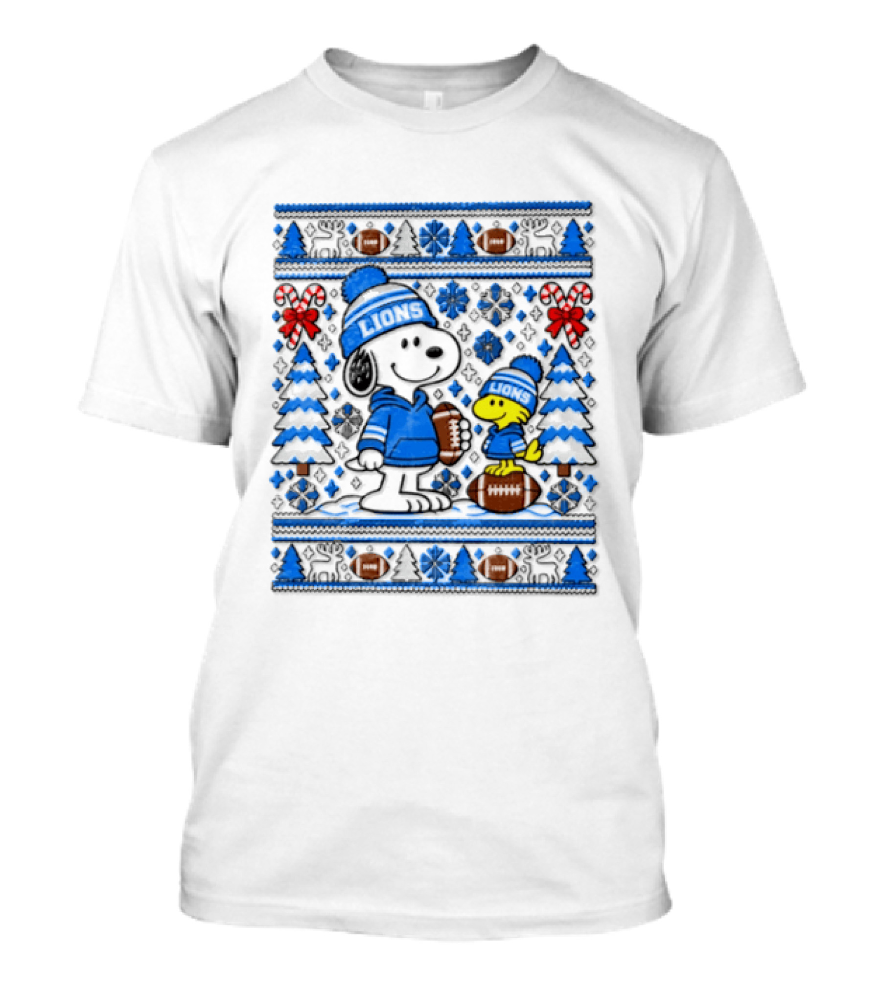 Detroit Lions Snoopy Woodstock Christmas Sweater Peanuts NFL Football Blue Holiday T-Shirt