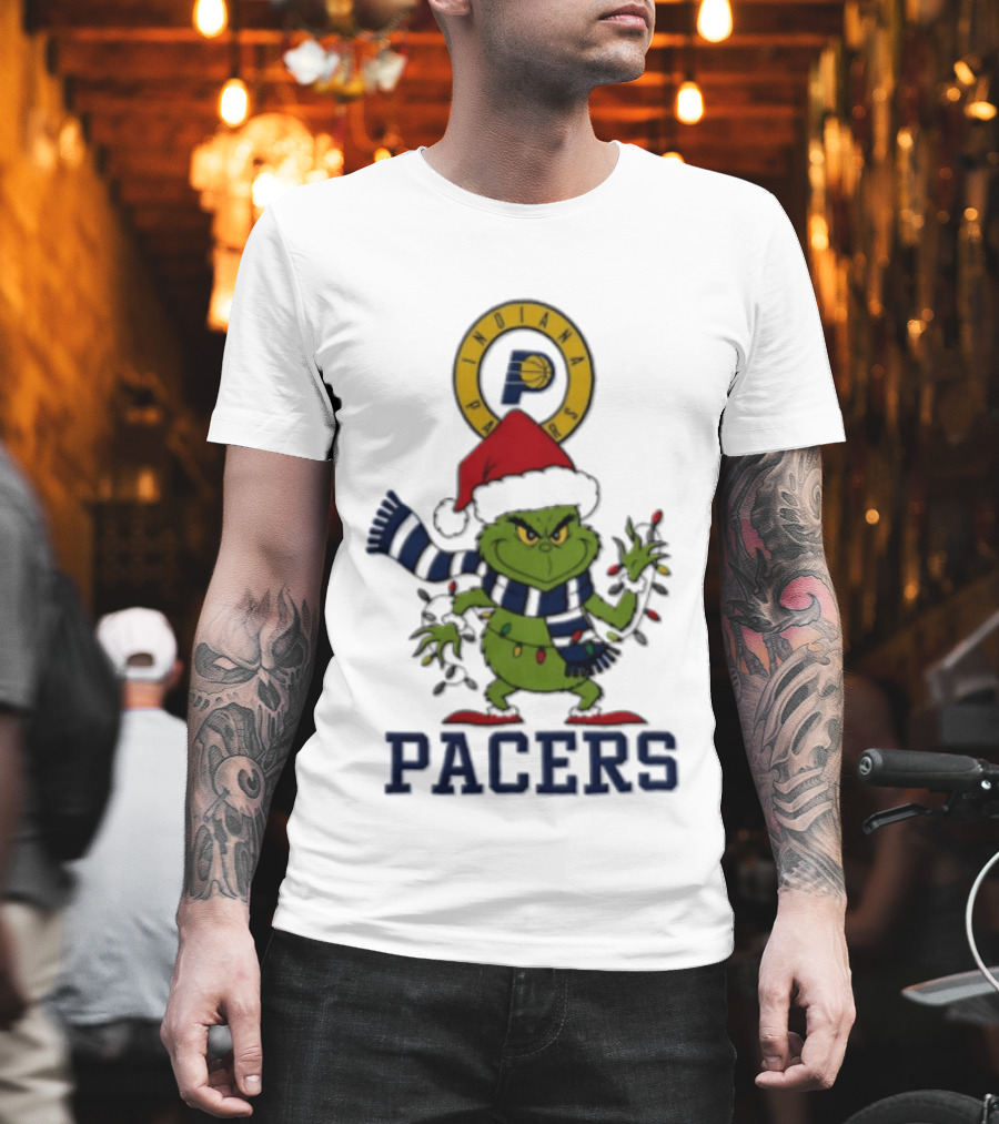 Pacers Christmas Grinch With Santa Hat And Lights T-Shirt