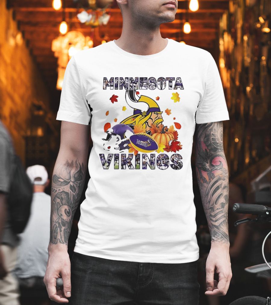 Minnesota Vikings Autumn Football Halloween Leaves Pumpkin T-Shirt