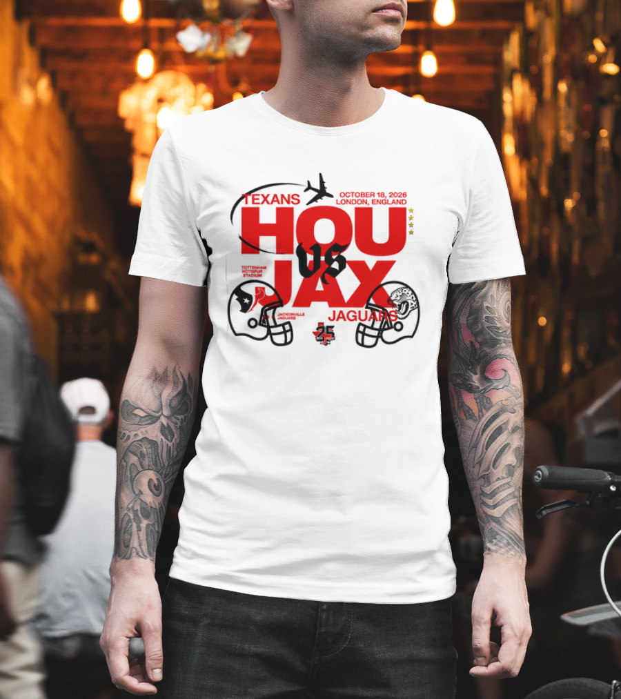 Texans Vs Jaguars London October 2023 NFL Matchup HOU JAX Helmets And Airplane T-Shirt