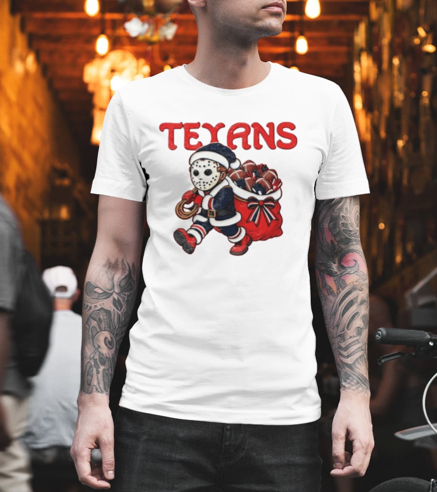 Houston Football Christmas Red And Navy Masked Santa T-Shirt