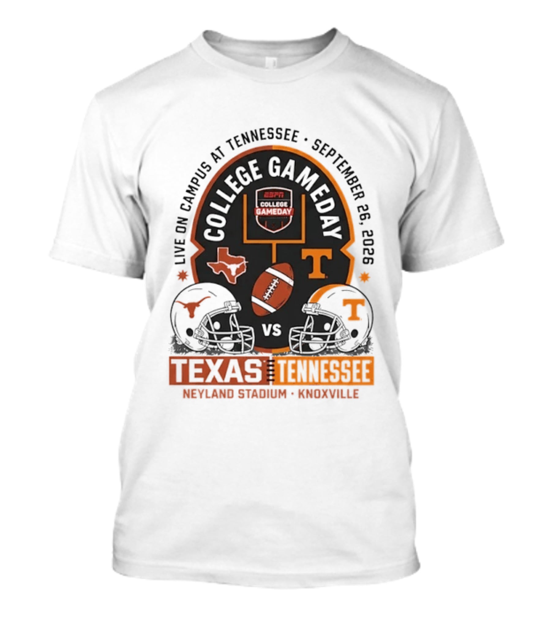 Live On Campus ESPN College GameDay Texas Longhorns Vs Tennessee Volunteers September 26 2026 Neyland Stadium T-Shirt