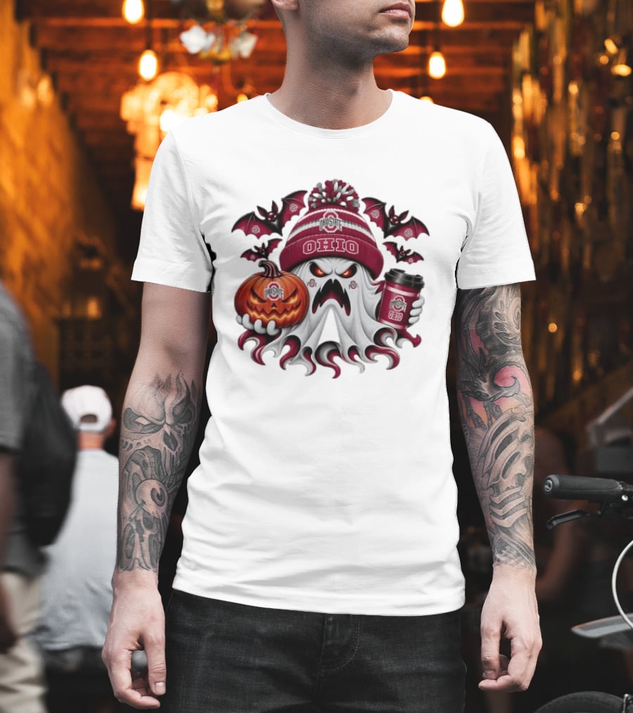 Ohio State Buckeyes Halloween Ghost Coffee Pumpkin Bats Spooky T-Shirt